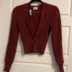 Wilfred Deep Red Ribbed Cardigan Sweater